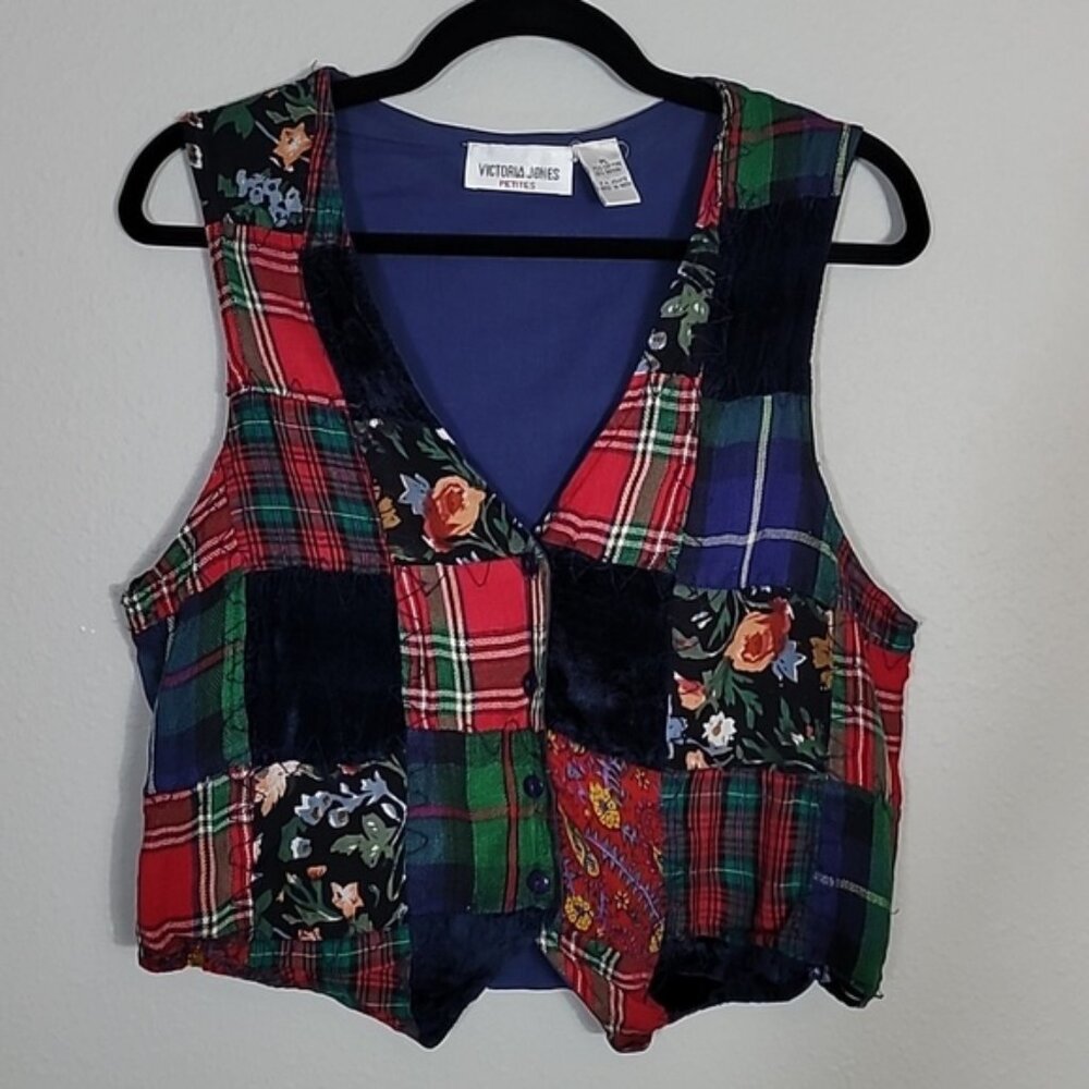Vintage Victoria Jones Patchwork Vest Size L Button Up Floral Plaid Cottage Art